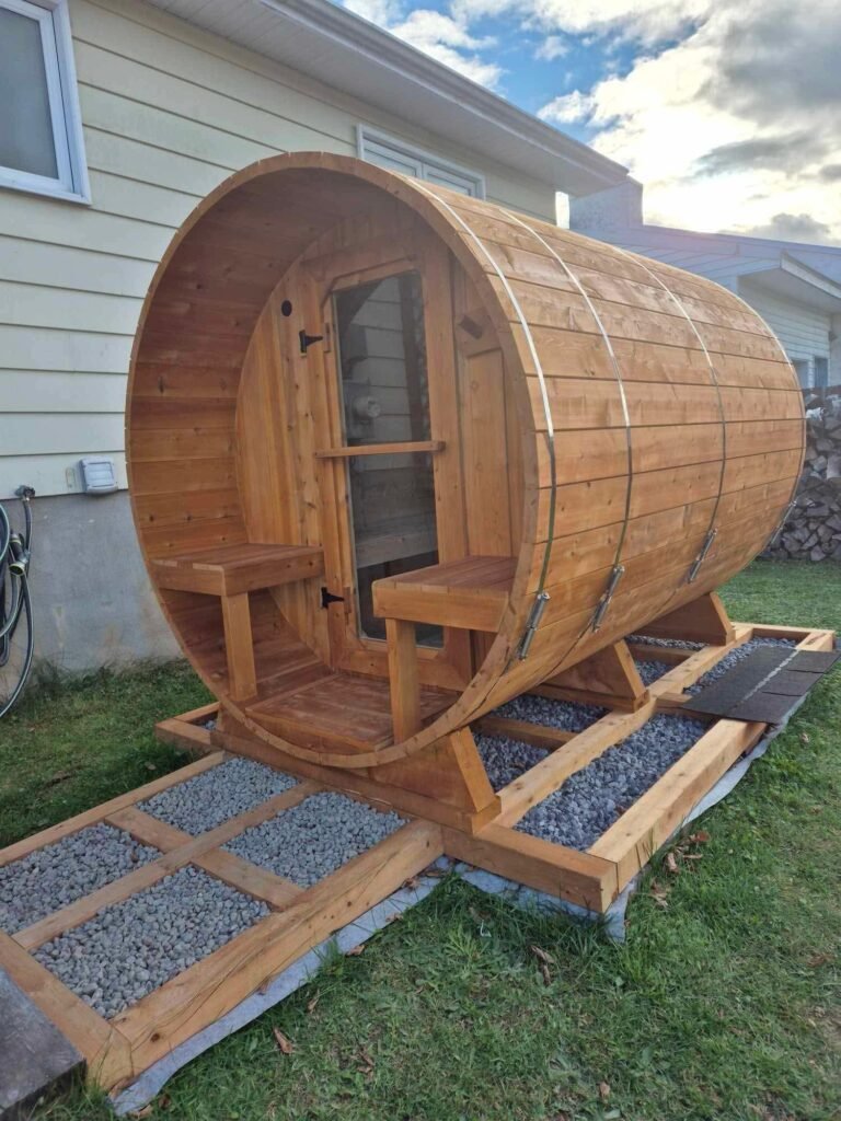 Sauna Baril avec porche et banc